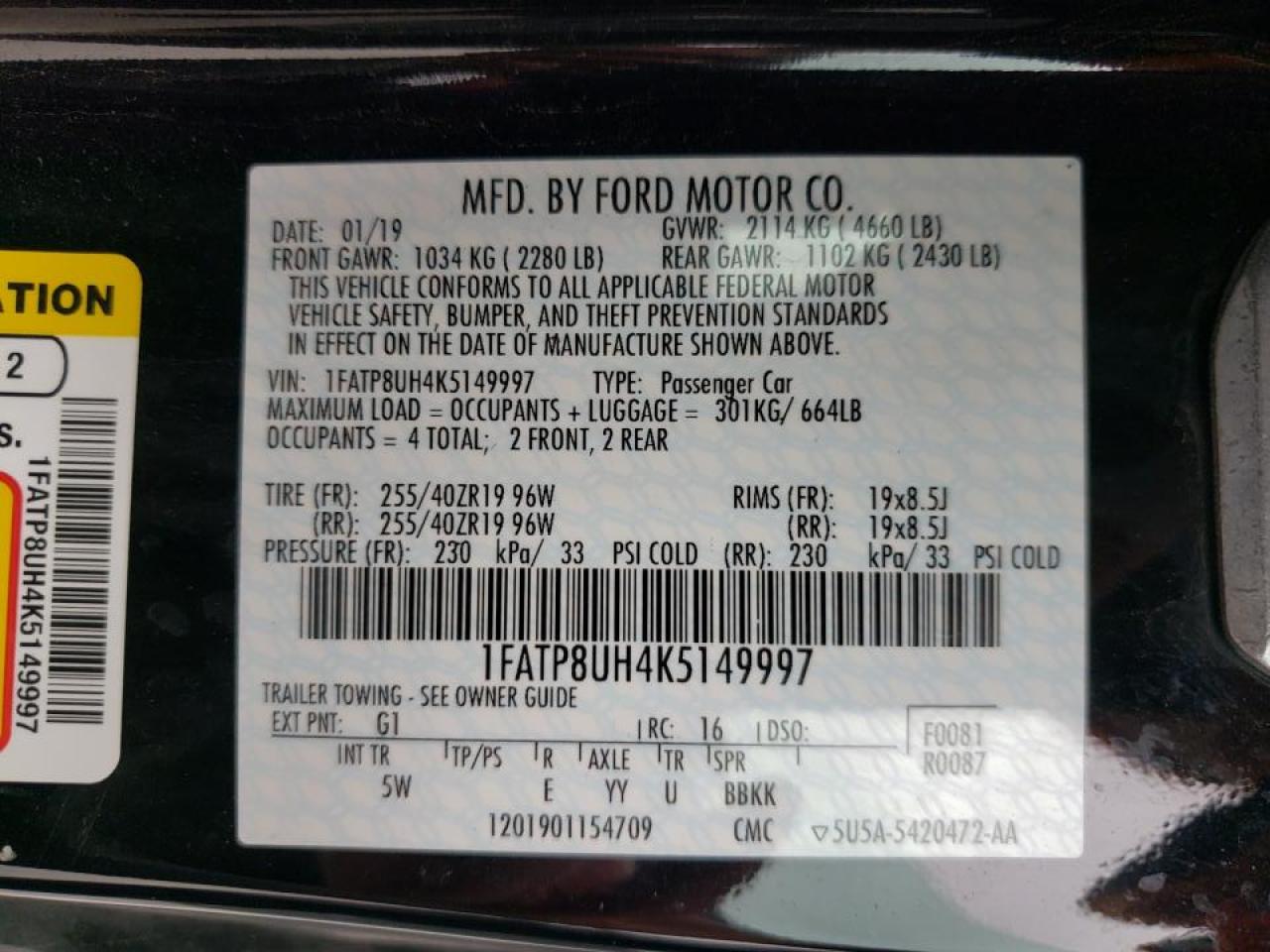 Photo 10 from auction – 2019 FORD MUSTANG with VIN 1FATP8UH4K5149997