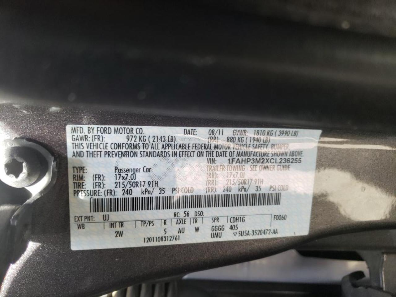 Photo 10 from auction – 2012 FORD FOCUS SEL with VIN 1FAHP3M2XCL236255