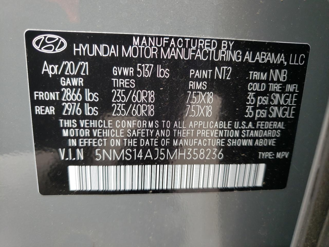 Фото 10 с аукциона – 2021 HYUNDAI SANTA FE S с VIN 5NMS14AJ5MH358236