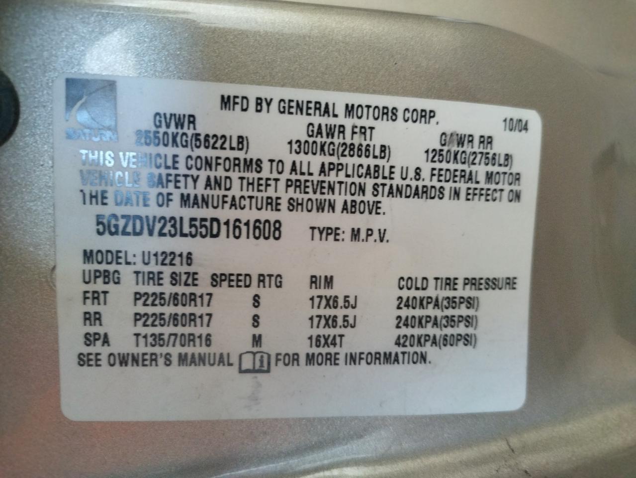 Photo 10 from auction – 2005 SATURN RELAY 3 with VIN 5GZDV23L55D161608