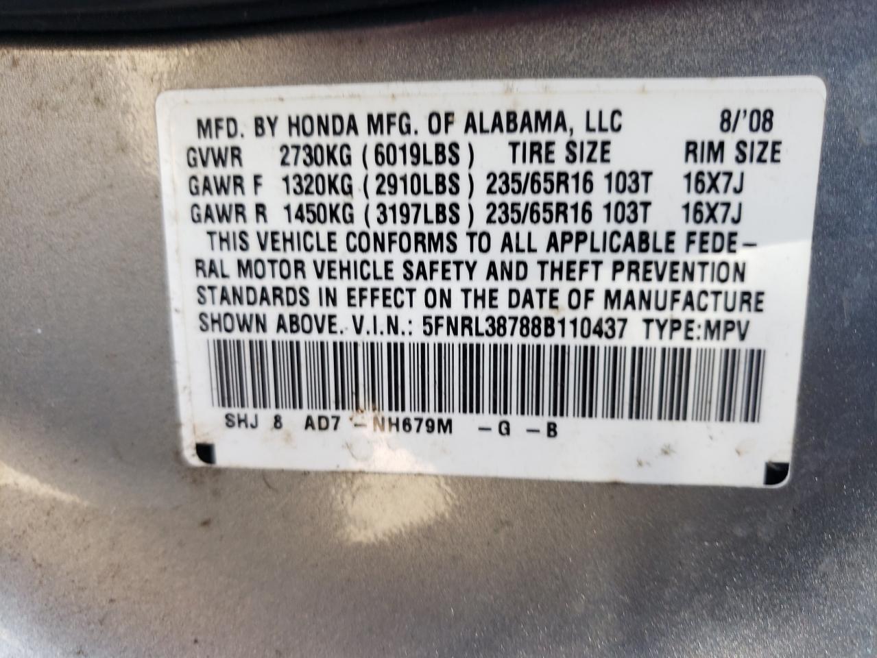 Photo 10 from auction – 2008 HONDA ODYSSEY EX with VIN 5FNRL38788B110437