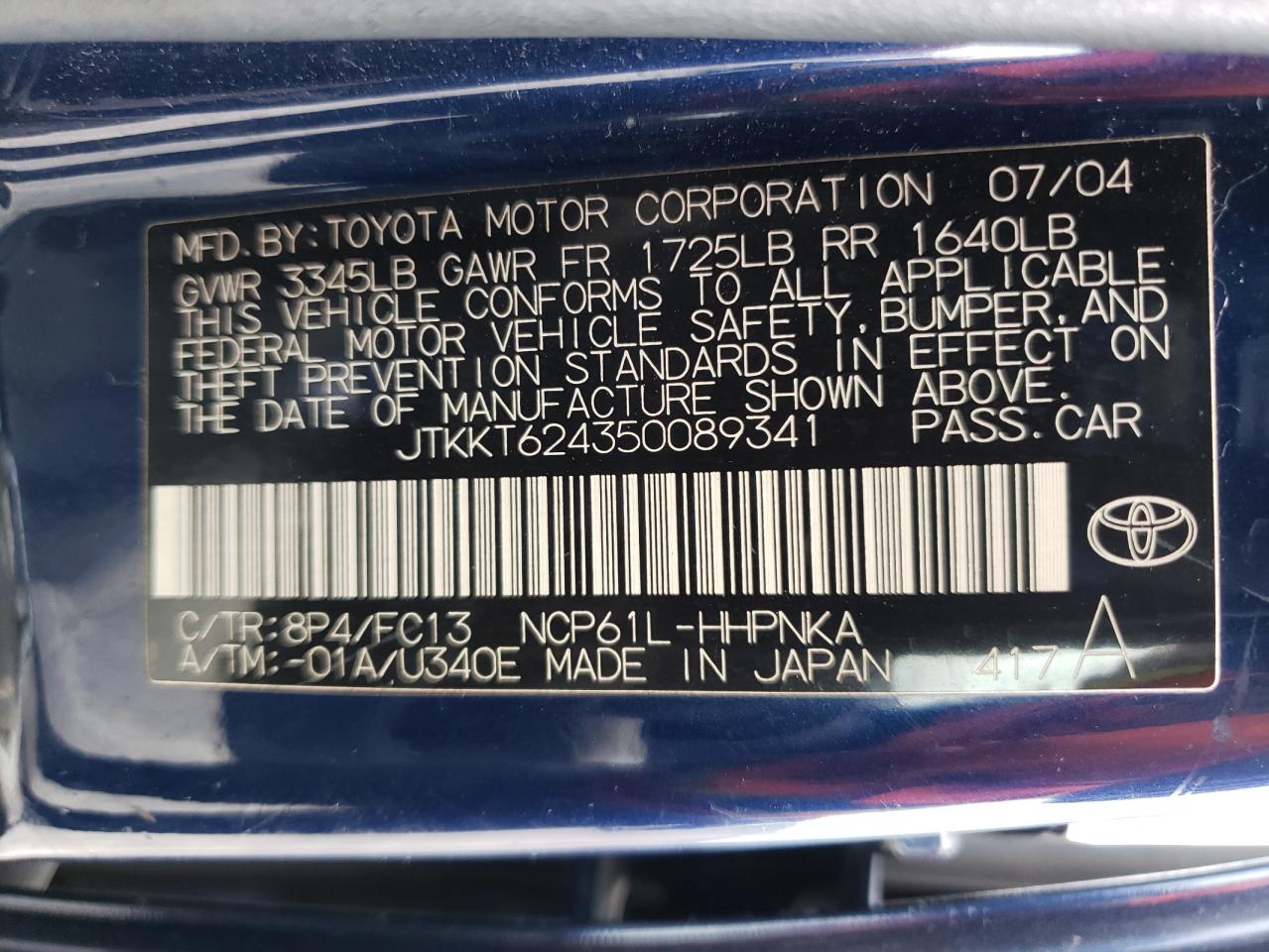 Photo 10 from auction – 2005 TOYOTA SCION XA with VIN JTKKT624350089341