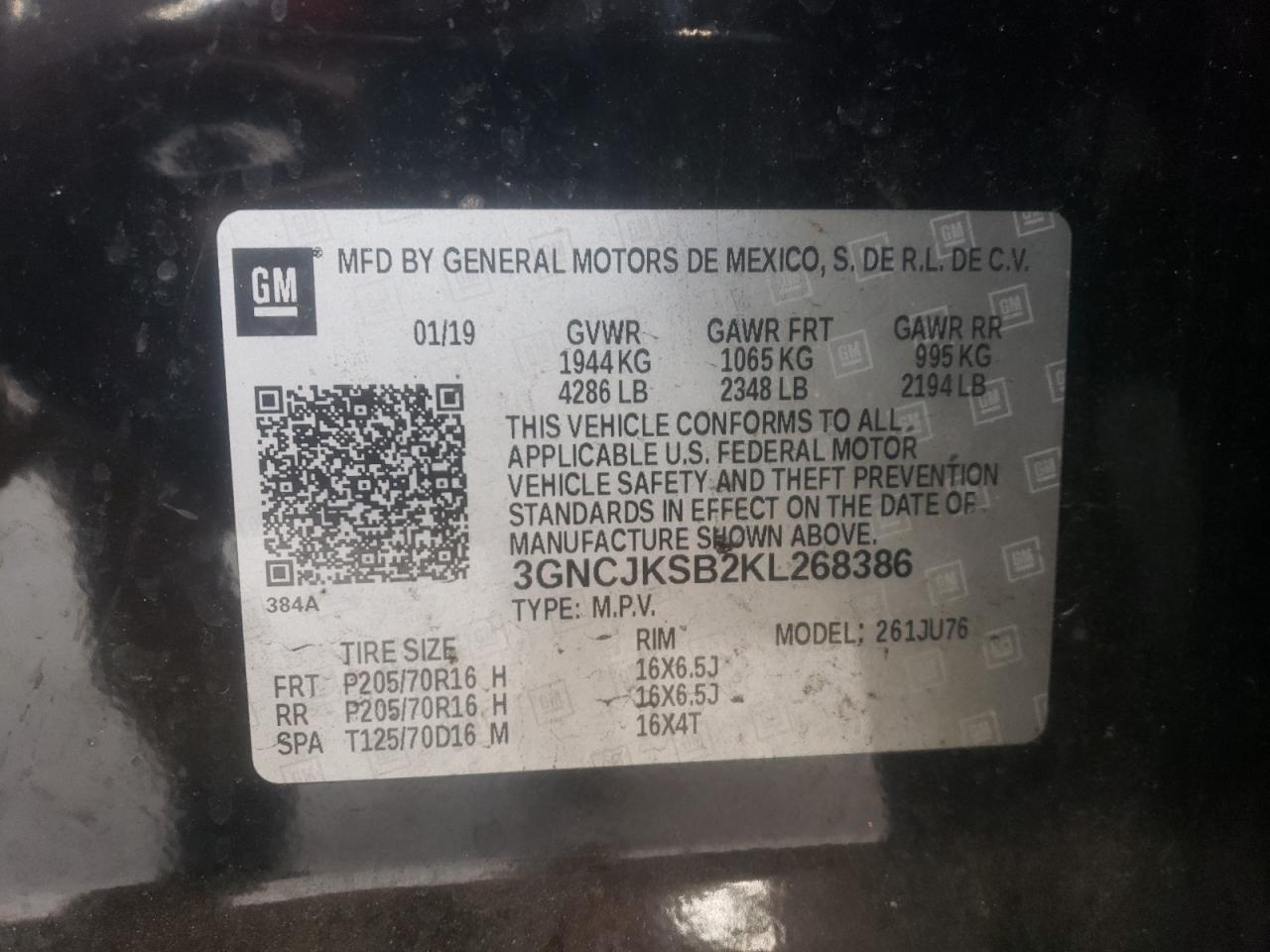 Photo 10 from auction – 2019 CHEVROLET TRAX LS with VIN 3GNCJKSB2KL268386