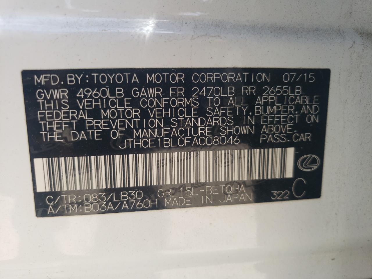 Photo 10 from auction – 2015 LEXUS GS 350 with VIN JTHCE1BL0FA008046