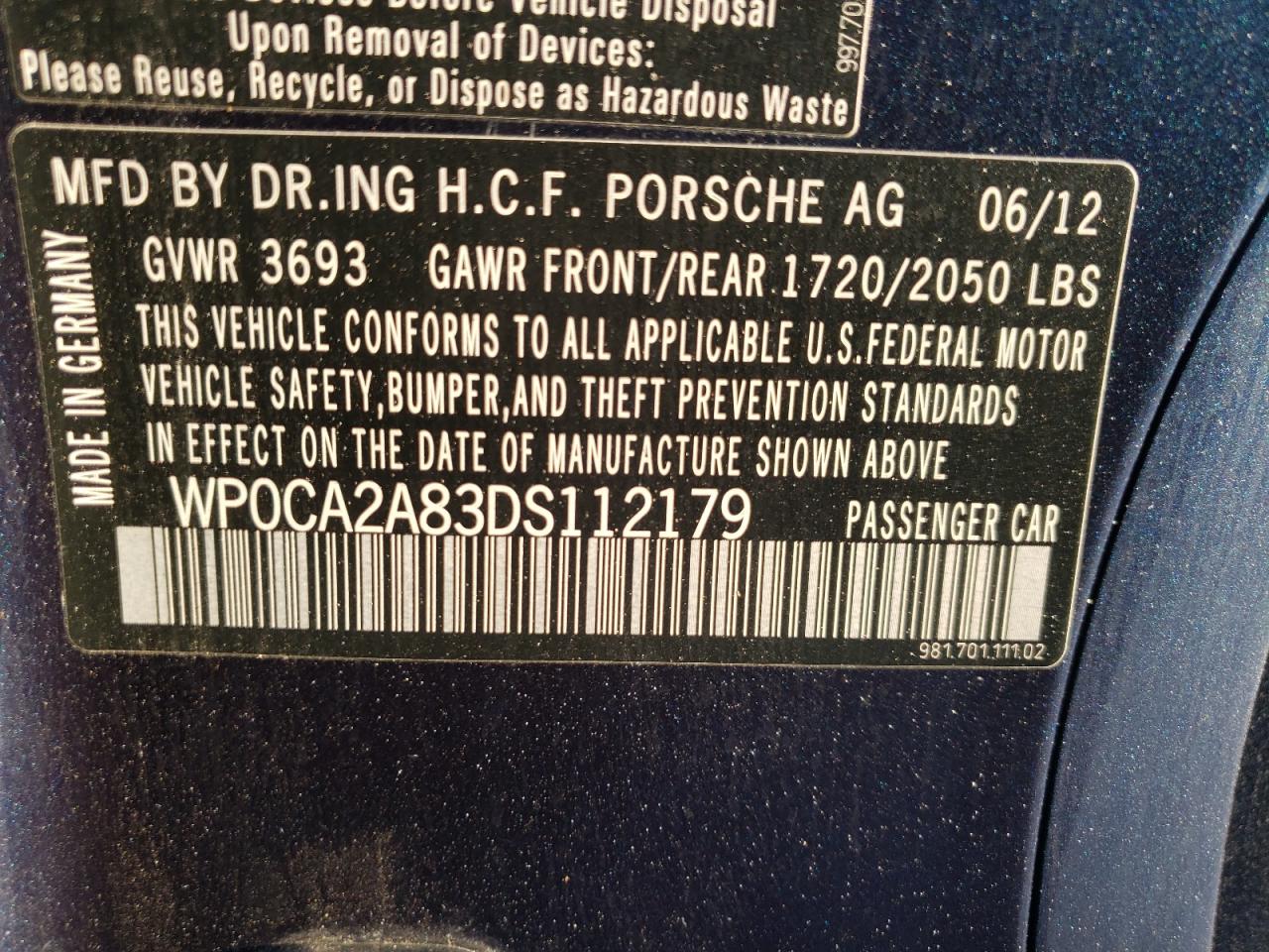 Photo 10 from auction – 2013 PORSCHE BOXSTER with VIN WP0CA2A83DS112179