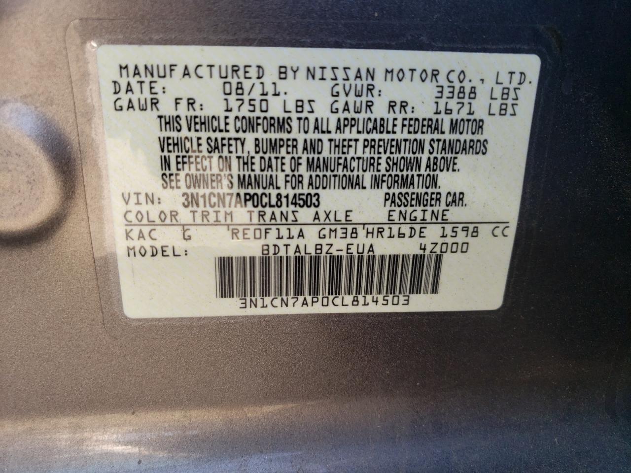 Photo 10 from auction – 2012 NISSAN VERSA S with VIN 3N1CN7AP0CL814503