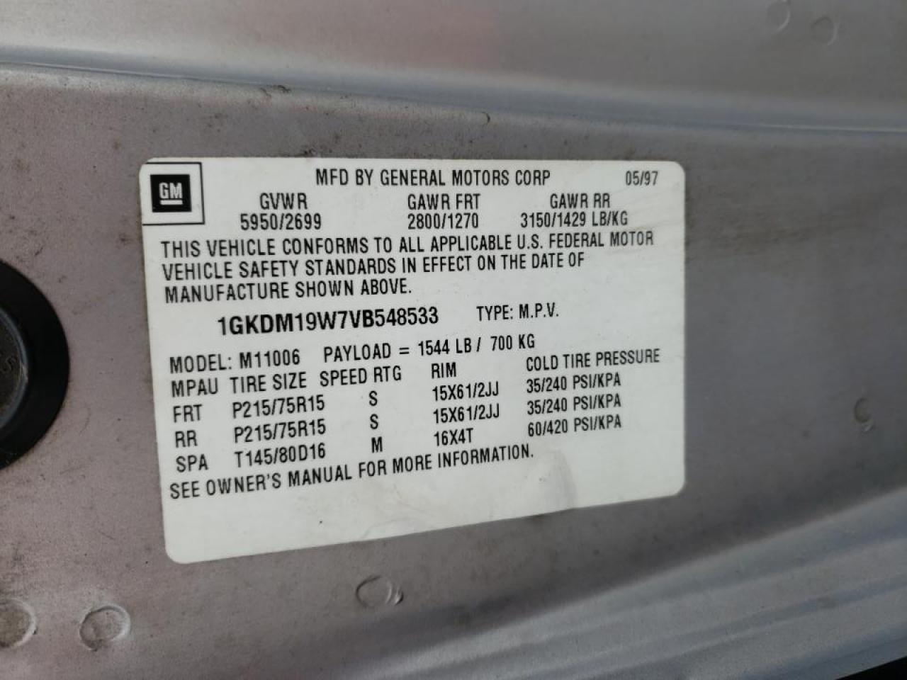 Photo 10 from auction – 1997 GMC SAFARI with VIN 1GKDM19W7VB548533