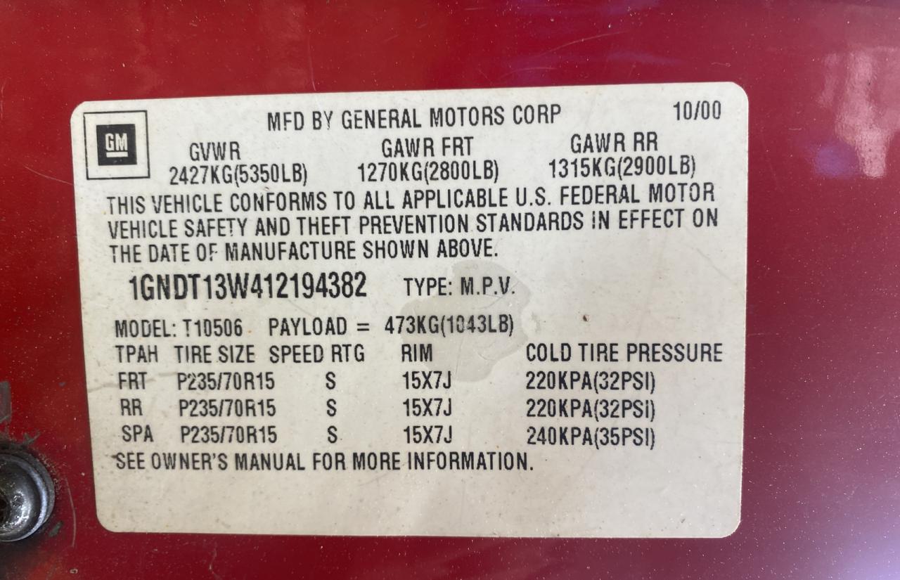 Photo 10 from auction – 2001 CHEVROLET BLAZER with VIN 1GNDT13W412194382