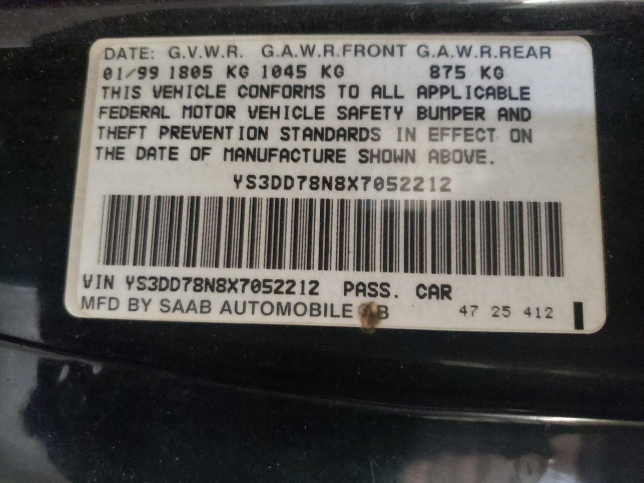 Photo 10 from auction – 1999 SAAB 9-3 S with VIN YS3DD78N8X7052212