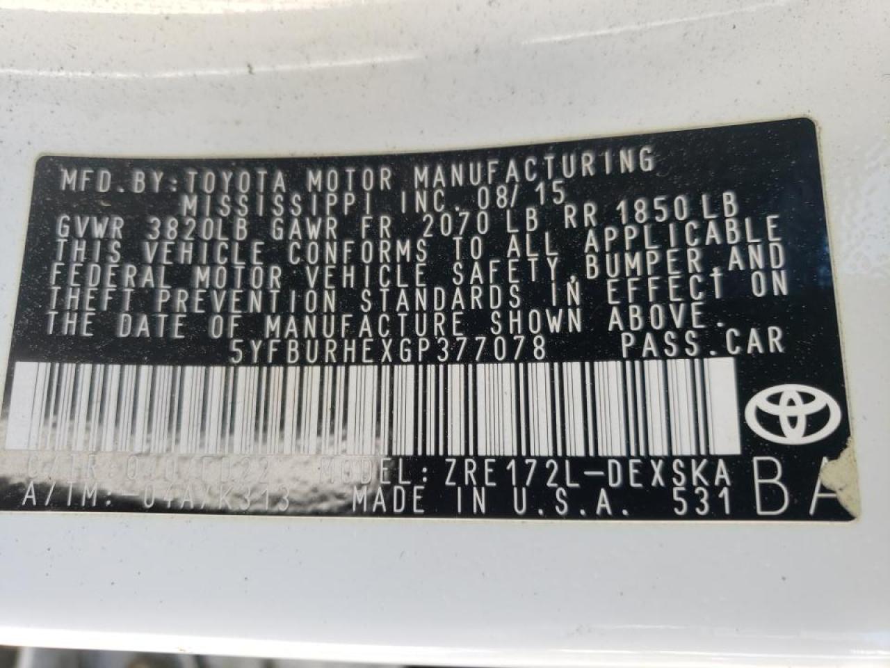 Photo 10 from auction – 2016 TOYOTA COROLLA L with VIN 5YFBURHEXGP377078
