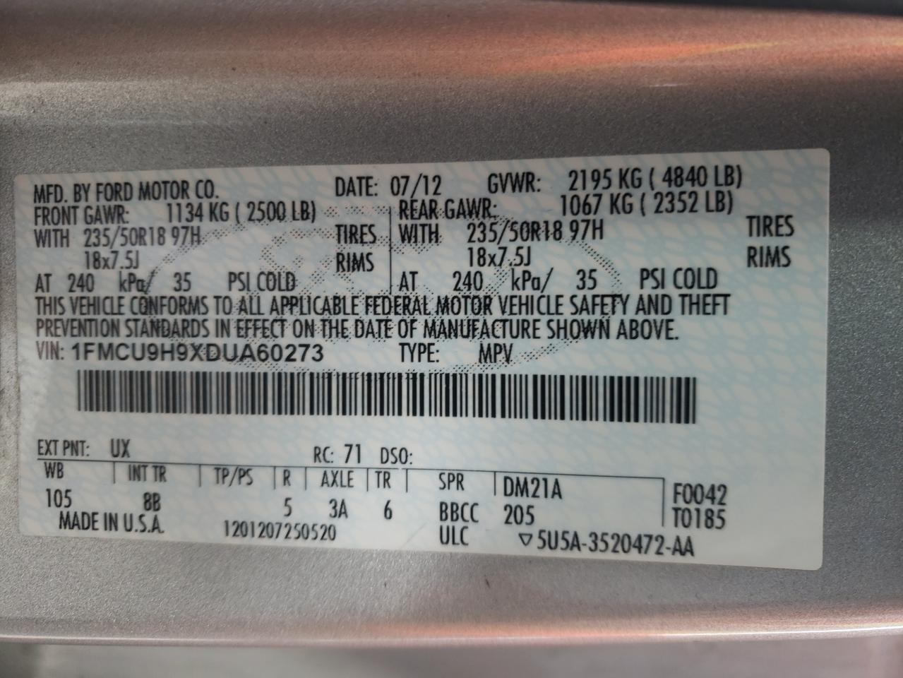 Photo 10 from auction – 2013 FORD ESCAPE SEL with VIN 1FMCU9H9XDUA60273