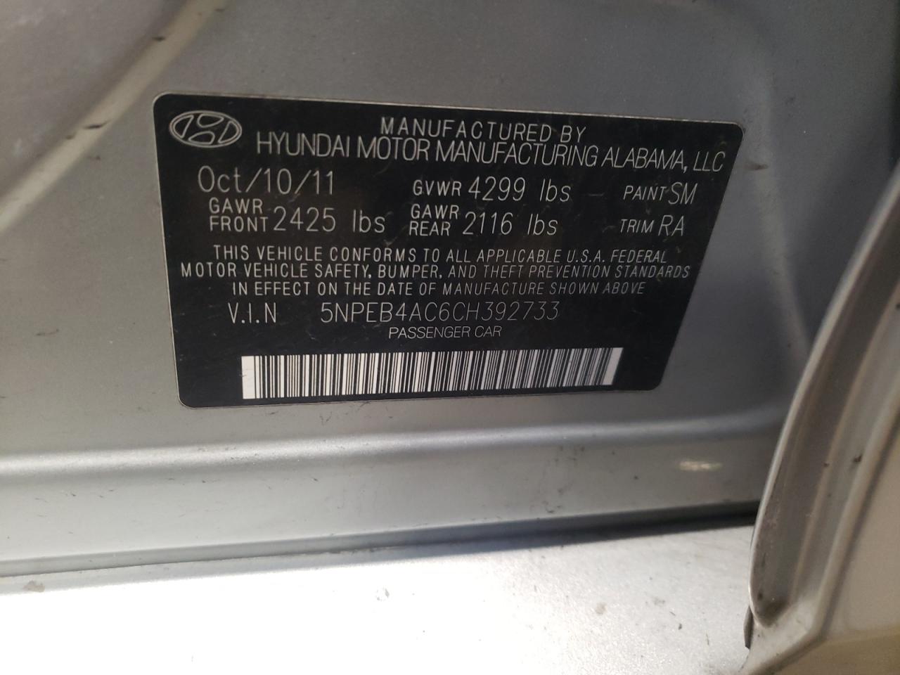 Photo 10 from auction – 2012 HYUNDAI SONATA GLS with VIN 5NPEB4AC6CH392733