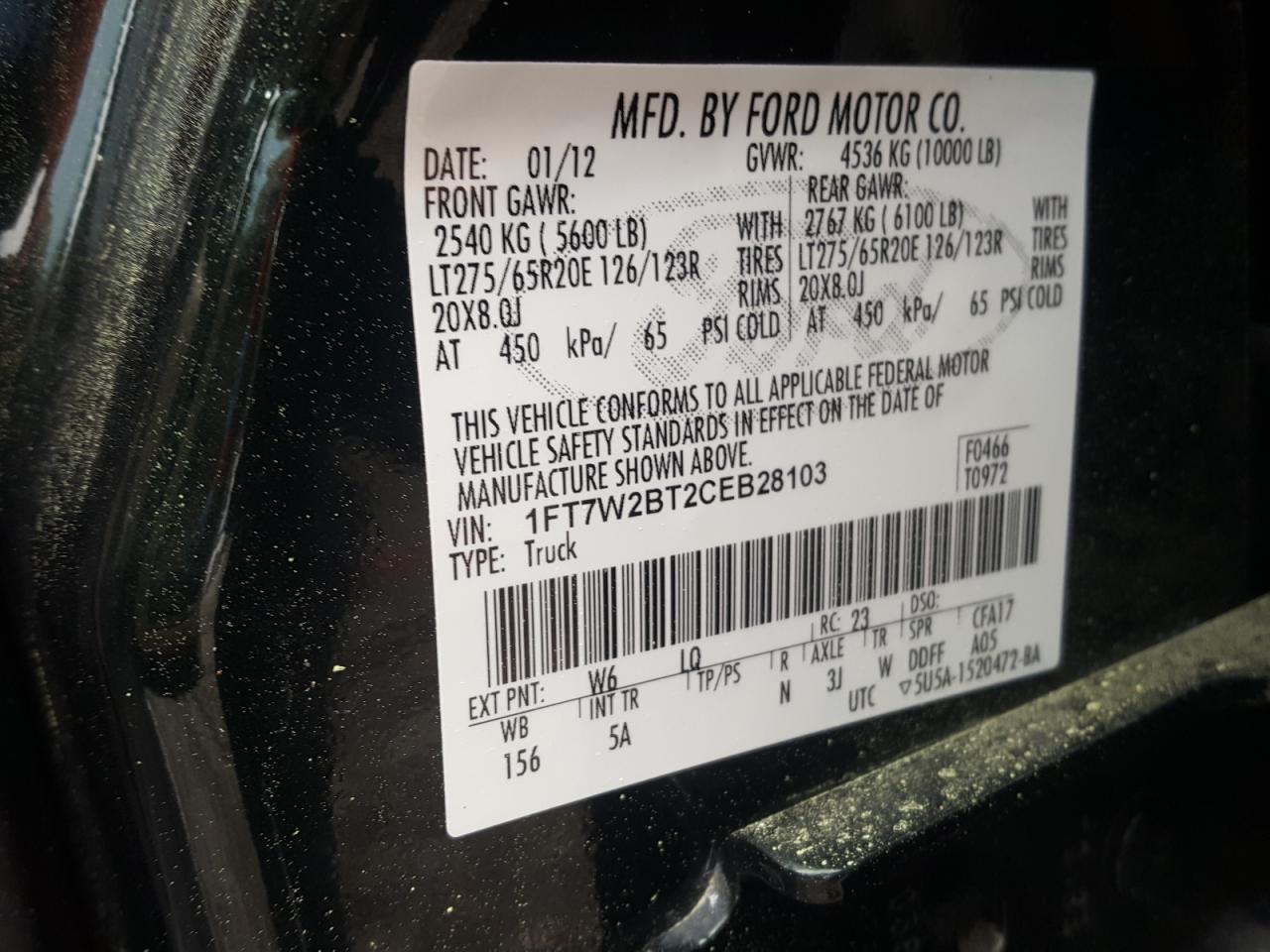 Foto 10 de la subasta – 2012 FORD F250 SUPER con VIN 1FT7W2BT2CEB28103