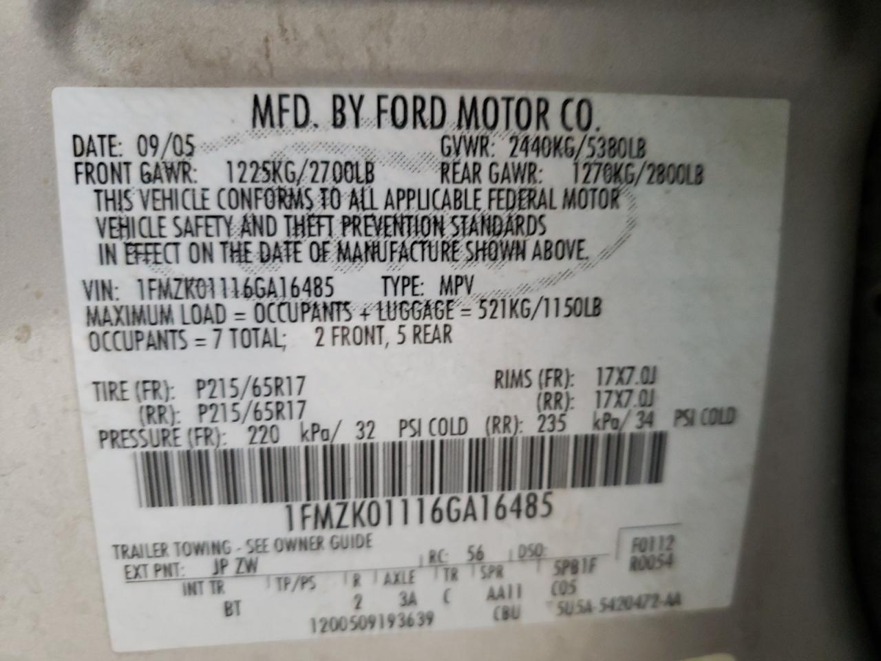 Photo 10 from auction – 2006 FORD FREESTYLE with VIN 1FMZK01116GA16485