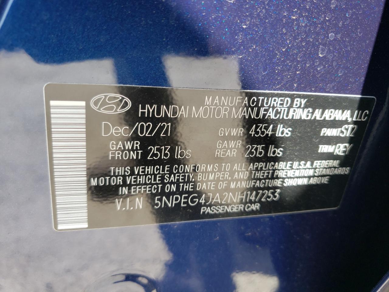 Photo 10 from auction – 2022 HYUNDAI SONATA SE with VIN 5NPEG4JA2NH147253