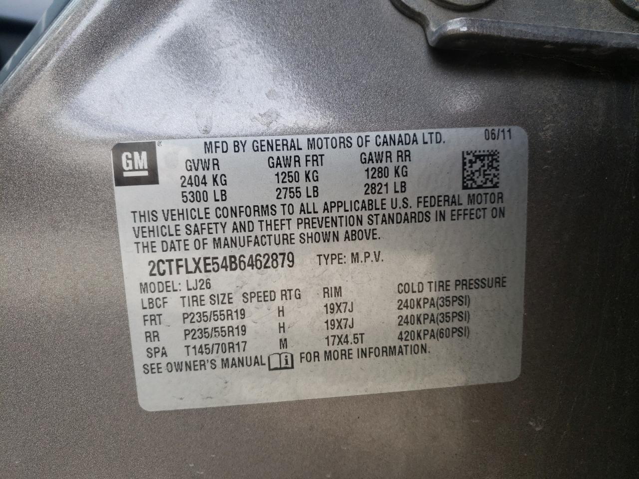 Photo 10 from auction – 2011 GMC TERRAIN SL with VIN 2CTFLXE54B6462879