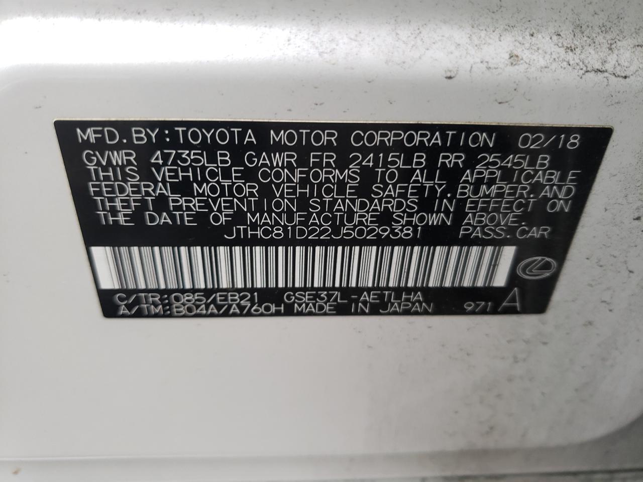 Photo 10 from auction – 2018 LEXUS IS 300 with VIN JTHC81D22J5029381
