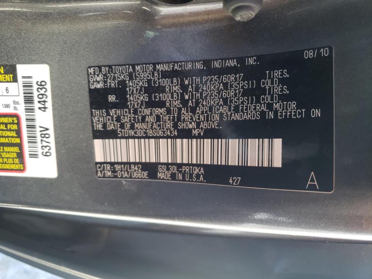 Photo 10 from auction – 2011 TOYOTA SIENNA XLE with VIN 5TDYK3DC1BS063434