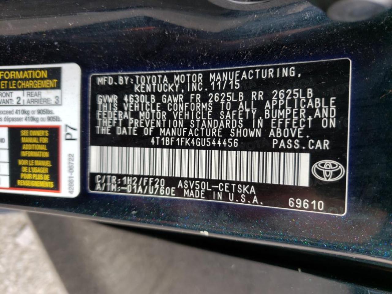 Photo 10 from auction – 2016 TOYOTA CAMRY LE with VIN 4T1BF1FK4GU544456
