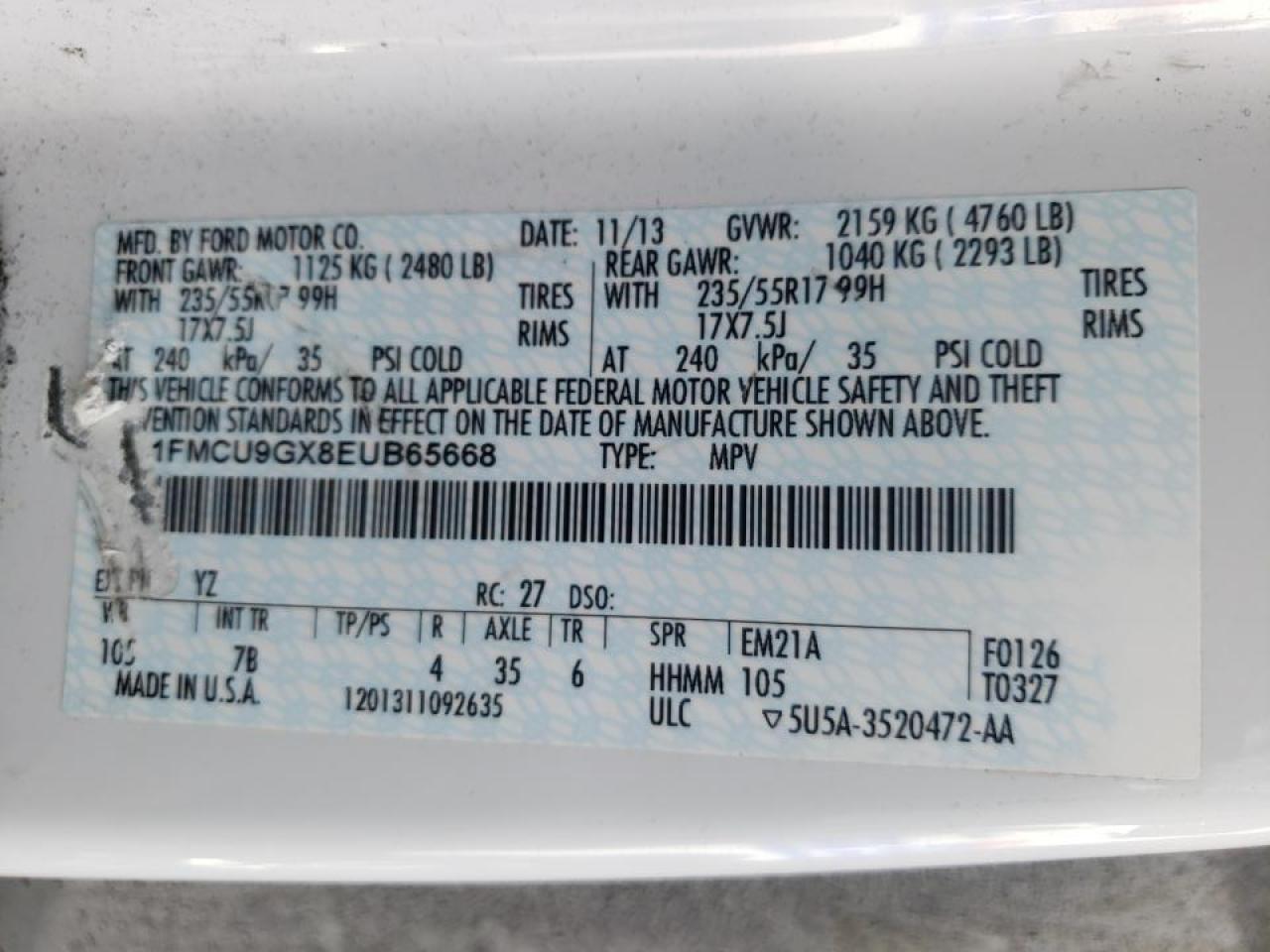 Photo 10 from auction – 2014 FORD ESCAPE SE with VIN 1FMCU9GX8EUB65668