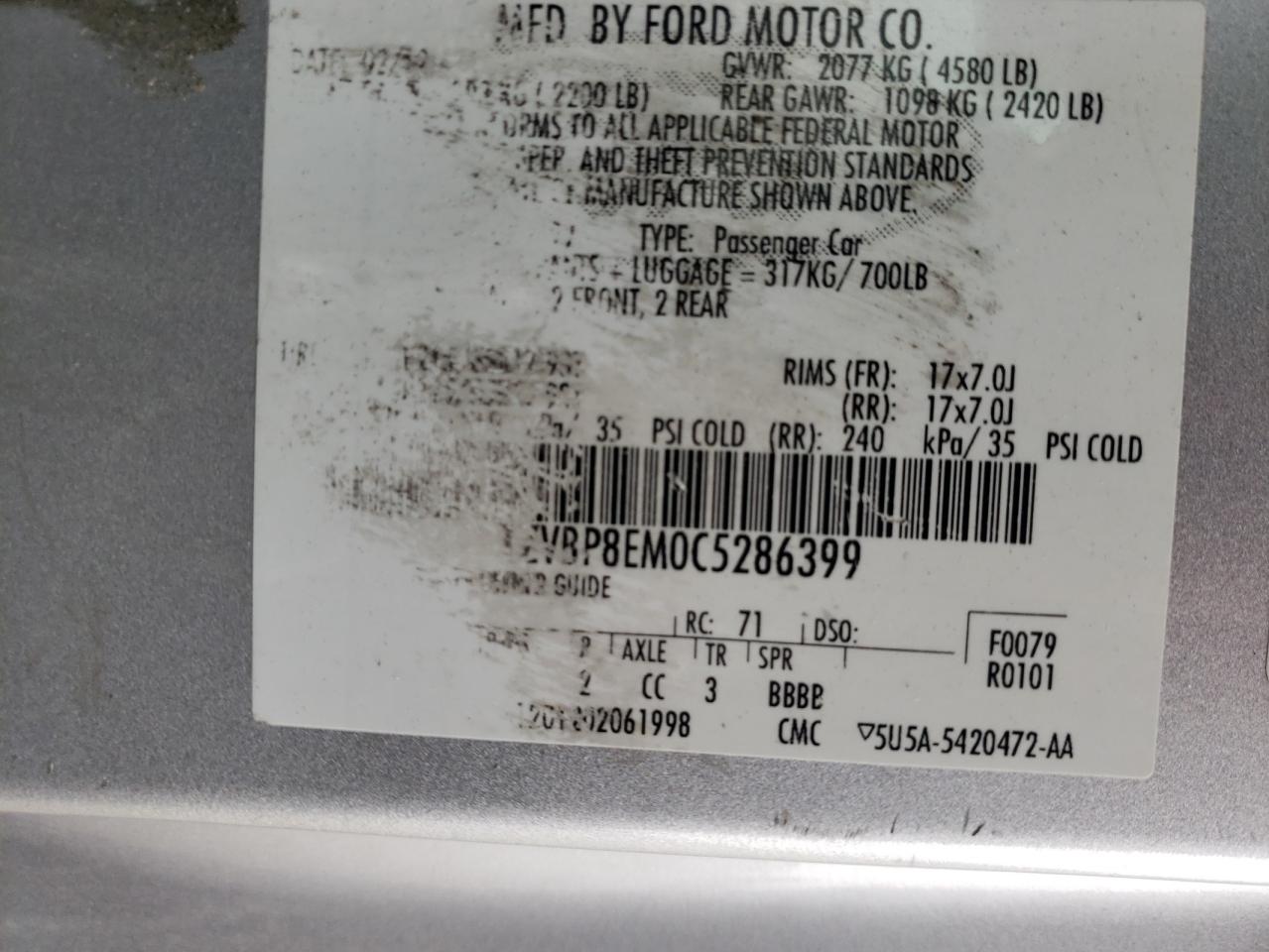 Photo 10 from auction – 2012 FORD MUSTANG with VIN 1ZVBP8EM0C5286399