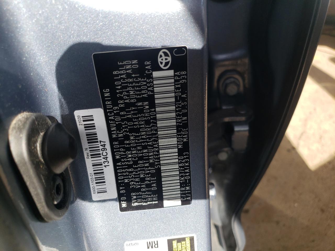 Photo 10 from auction – 2020 TOYOTA COROLLA LE with VIN 5YFEPRAE7LP077104