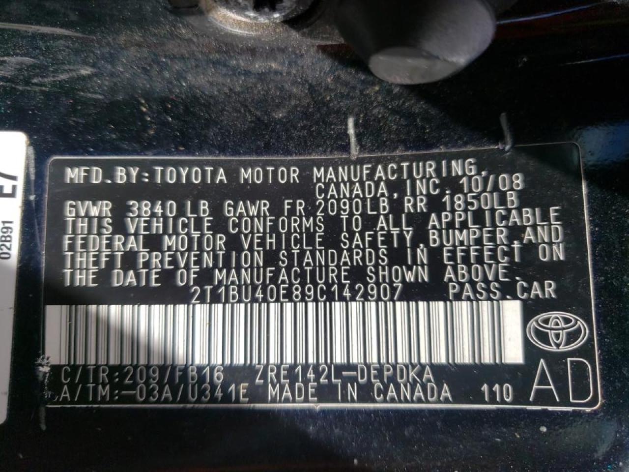 Photo 10 from auction – 2009 TOYOTA COROLLA BA with VIN 2T1BU40E89C142907