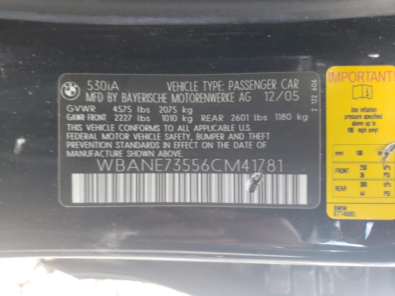 Photo 10 from auction – 2006 BMW 530 I with VIN WBANE73556CM41781