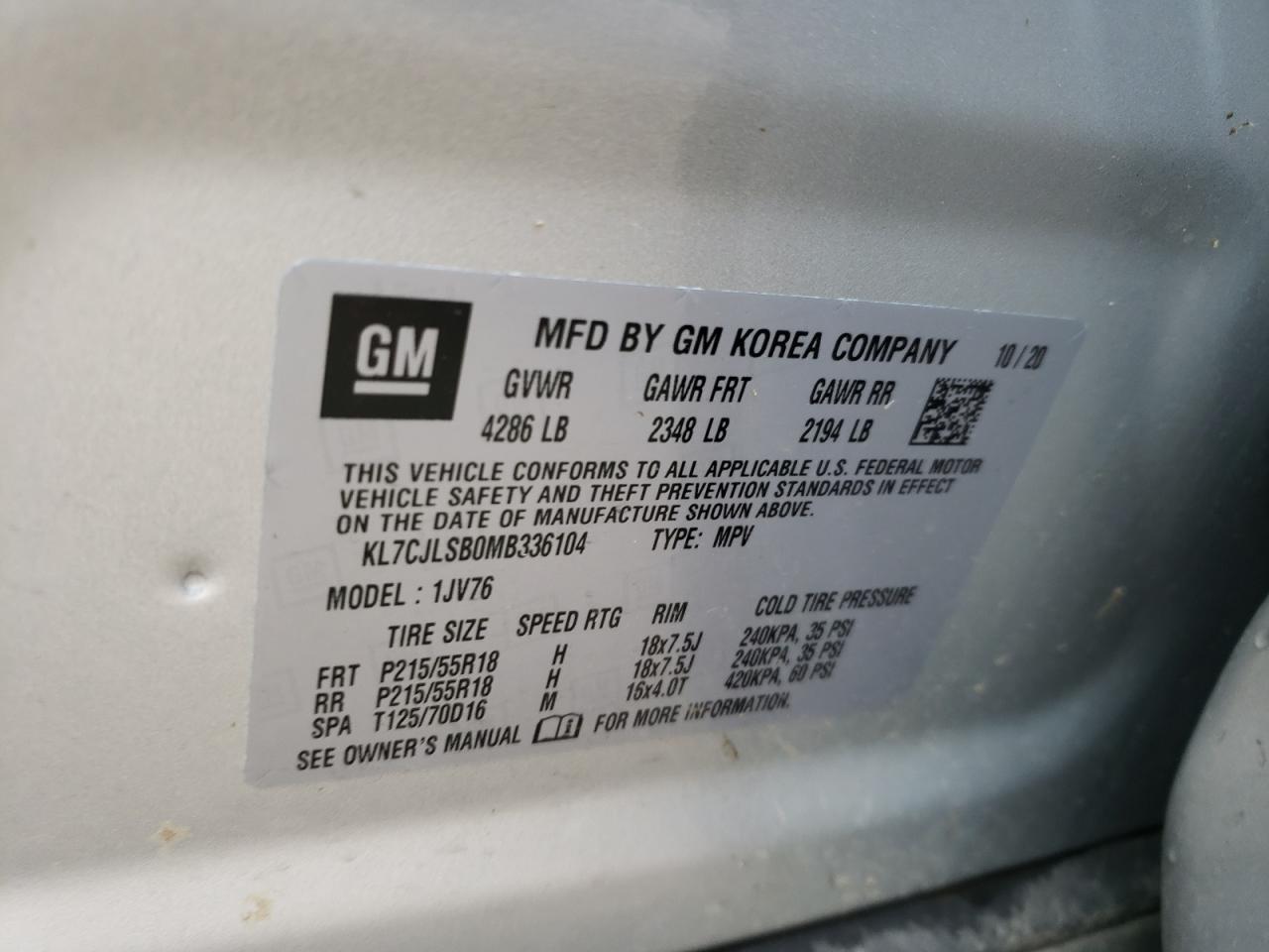Photo 10 from auction – 2021 CHEVROLET TRAX 1LT with VIN KL7CJLSB0MB336104