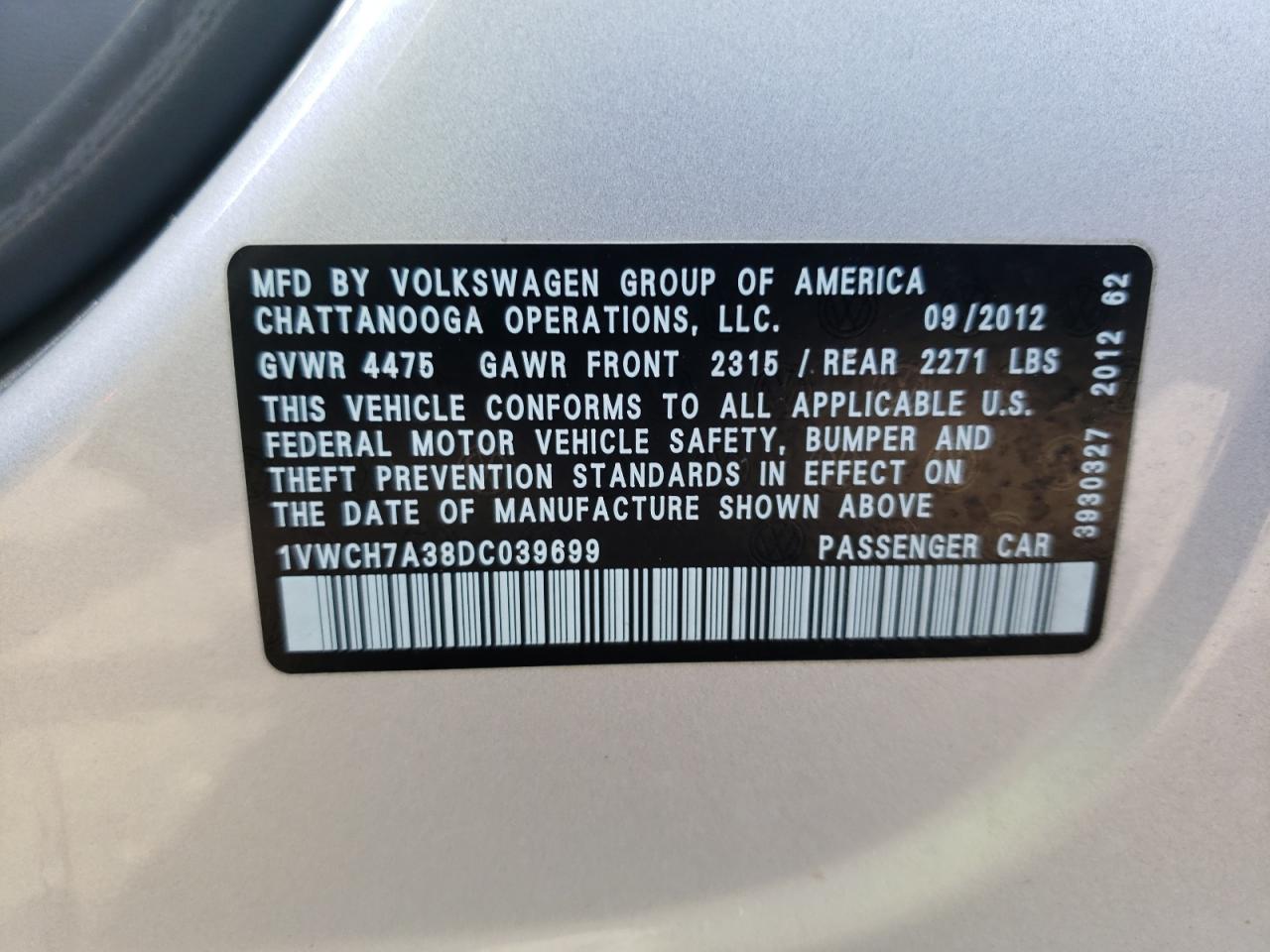 Photo 10 from auction – 2013 VOLKSWAGEN PASSAT SEL with VIN 1VWCH7A38DC039699