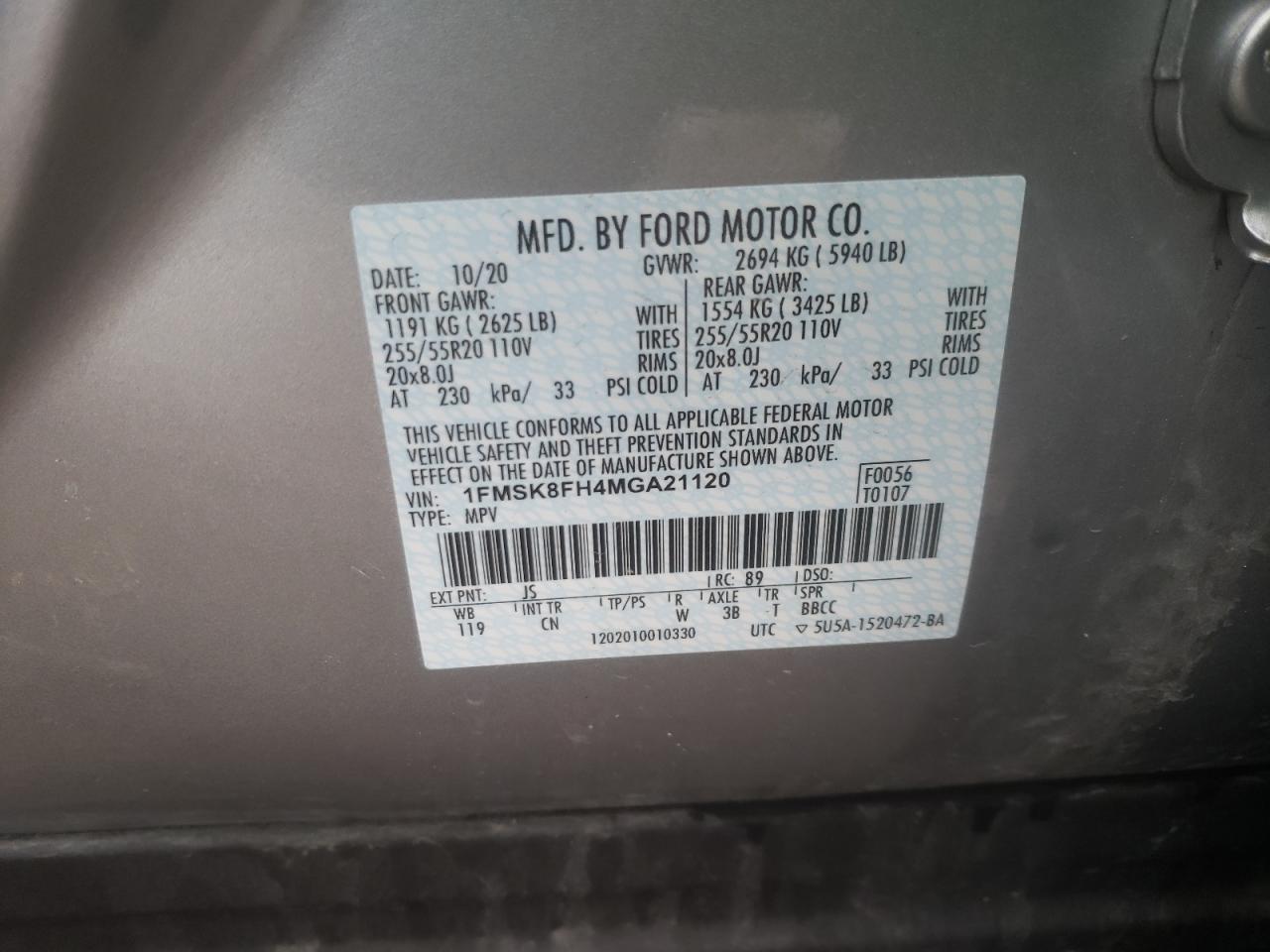 Photo 10 from auction – 2021 FORD EXPLORER L with VIN 1FMSK8FH4MGA21120