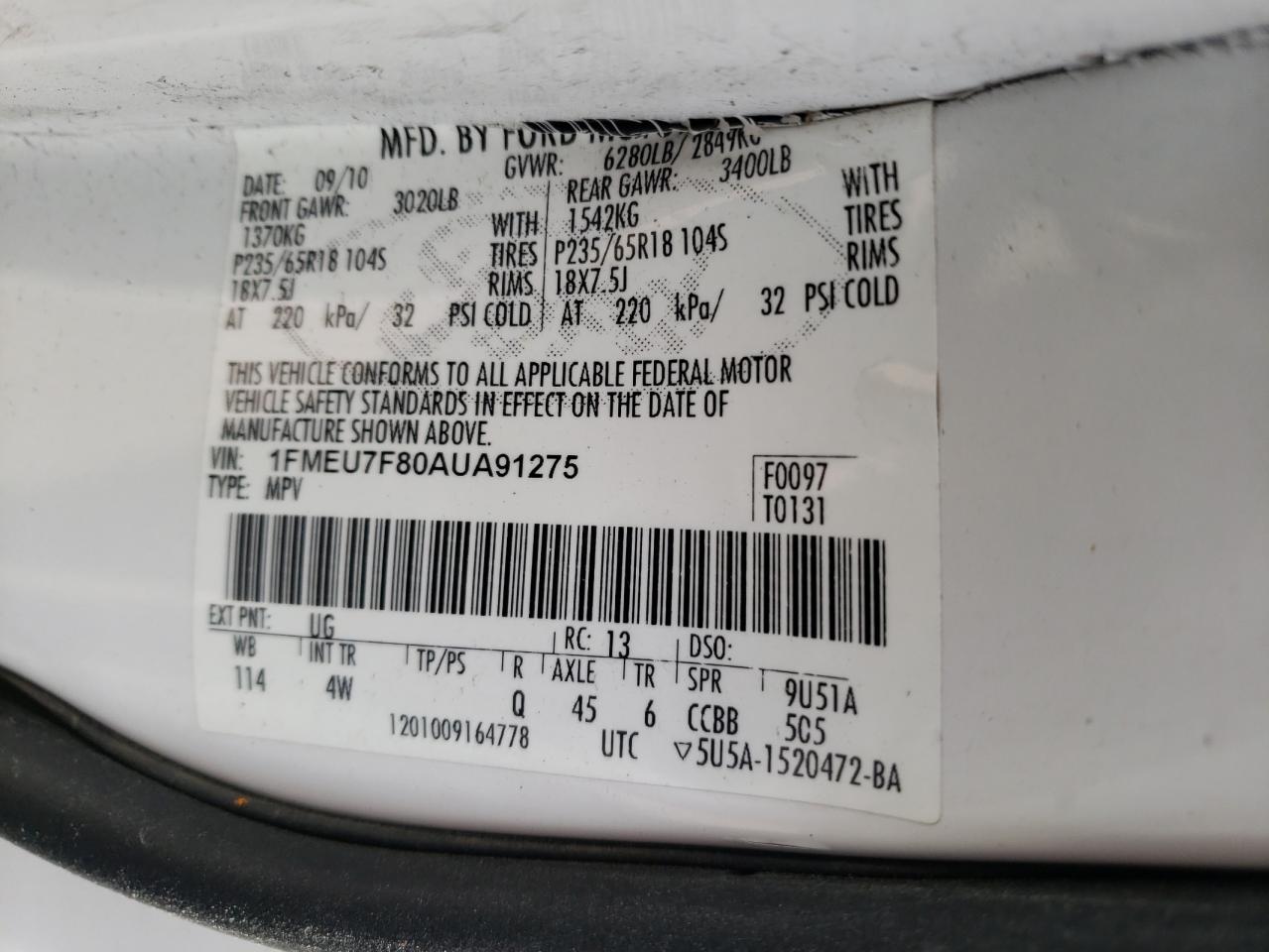 Foto 10 de la subasta – 2010 FORD EXPLORER L con VIN 1FMEU7F80AUA91275