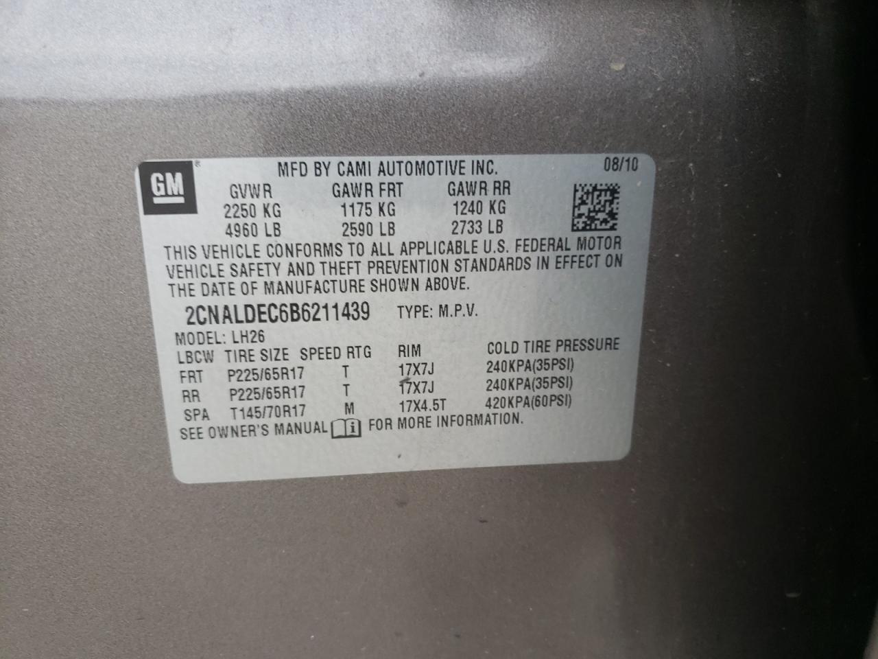 Photo 10 from auction – 2011 CHEVROLET EQUINOX LT with VIN 2CNALDEC6B6211439