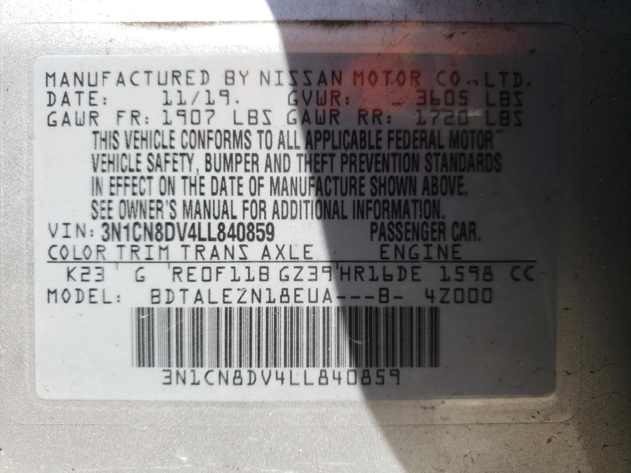 Photo 10 from auction – 2020 NISSAN VERSA S with VIN 3N1CN8DV4LL840859
