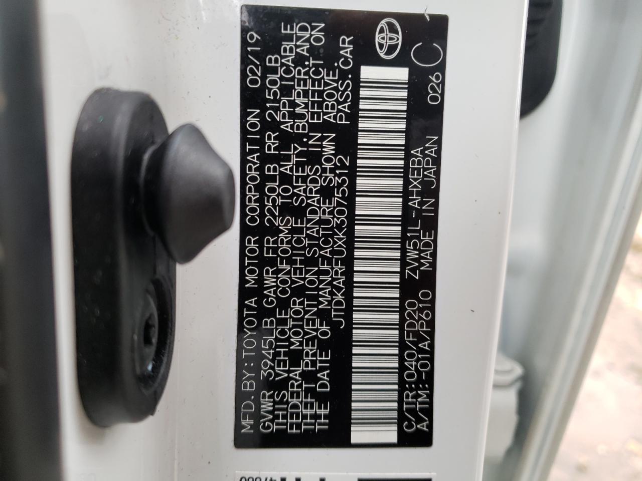 Photo 10 from auction – 2019 TOYOTA PRIUS with VIN JTDKARFUXK3075312