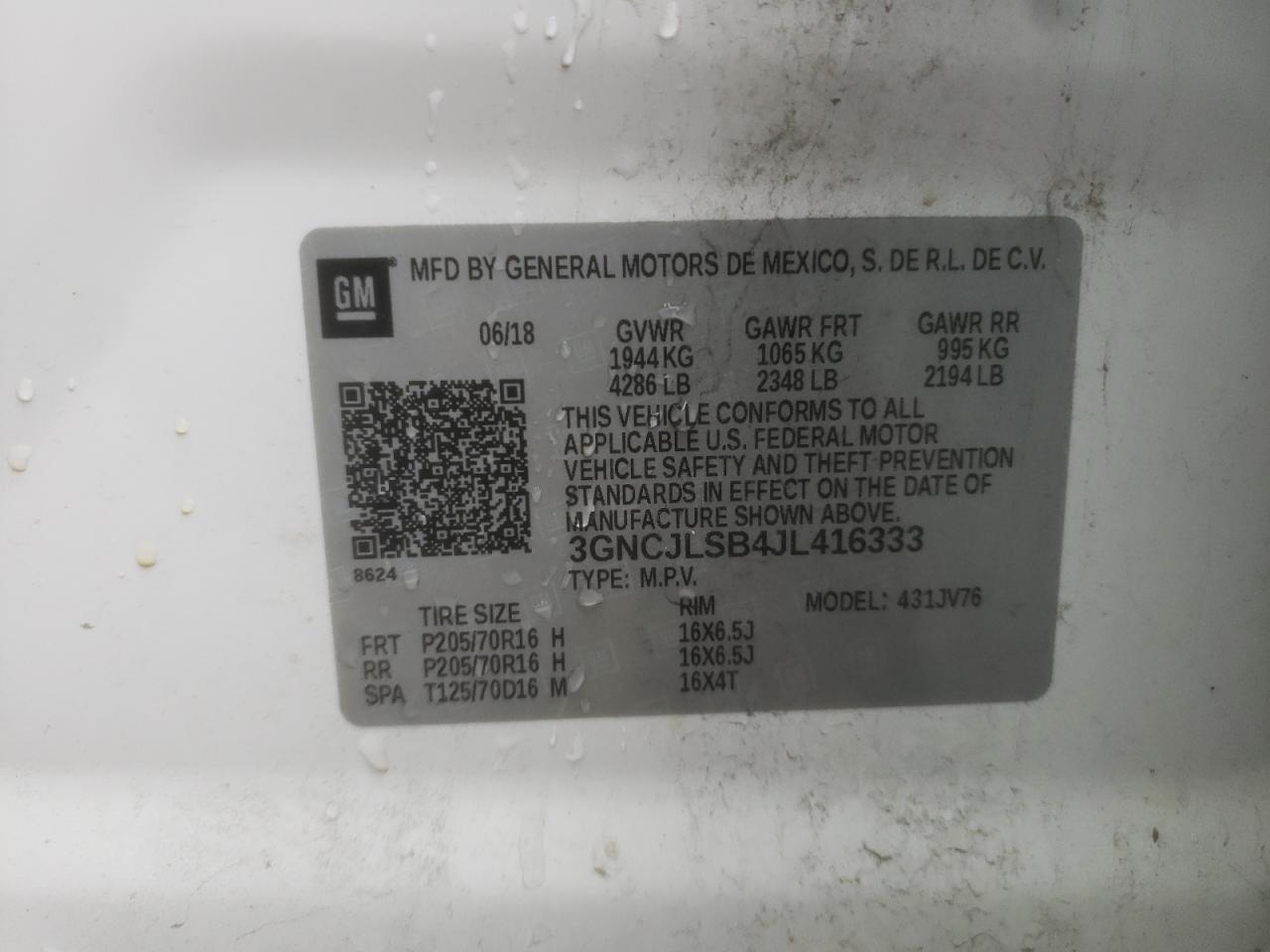 Photo 10 from auction – 2018 CHEVROLET TRAX 1LT with VIN 3GNCJLSB4JL416333