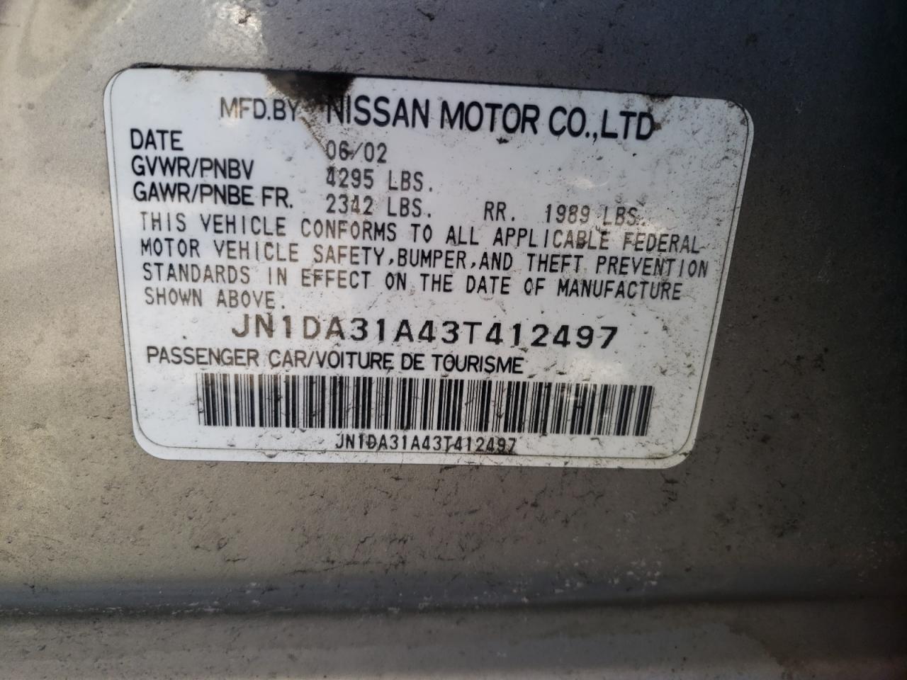 Photo 10 from auction – 2003 NISSAN MAXIMA GLE with VIN JN1DA31A43T412497