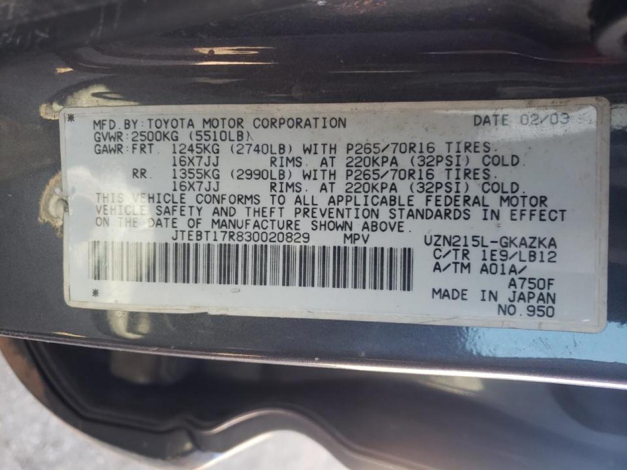 Photo 10 from auction – 2003 TOYOTA 4RUNNER LI with VIN JTEBT17R830020829