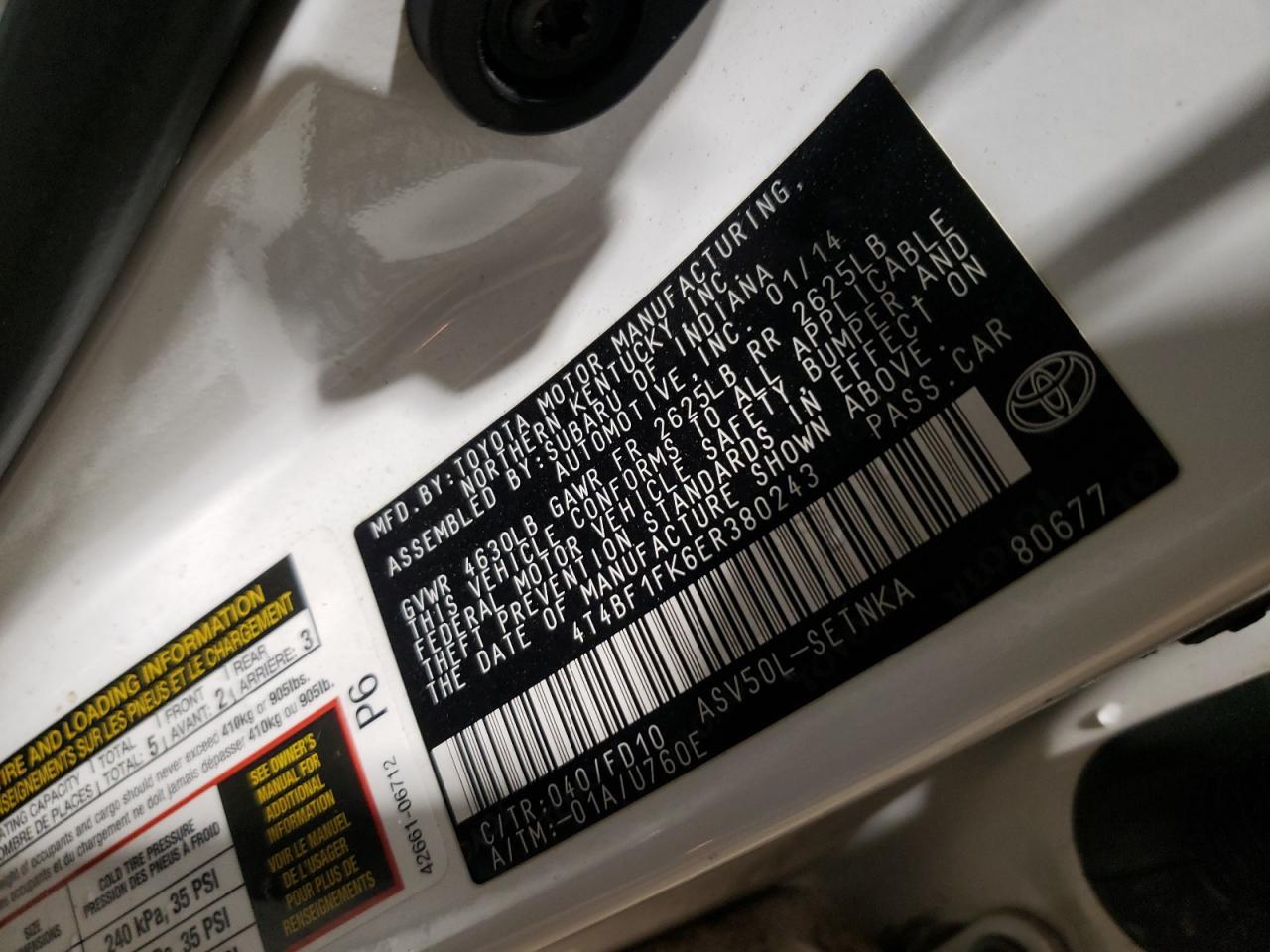 Photo 10 from auction – 2014 TOYOTA CAMRY L with VIN 4T4BF1FK6ER380243
