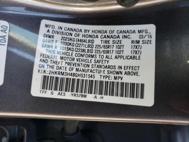 Photo 10 from auction – 2016 HONDA CR-V SE with VIN 2HKRM3H48GH531545