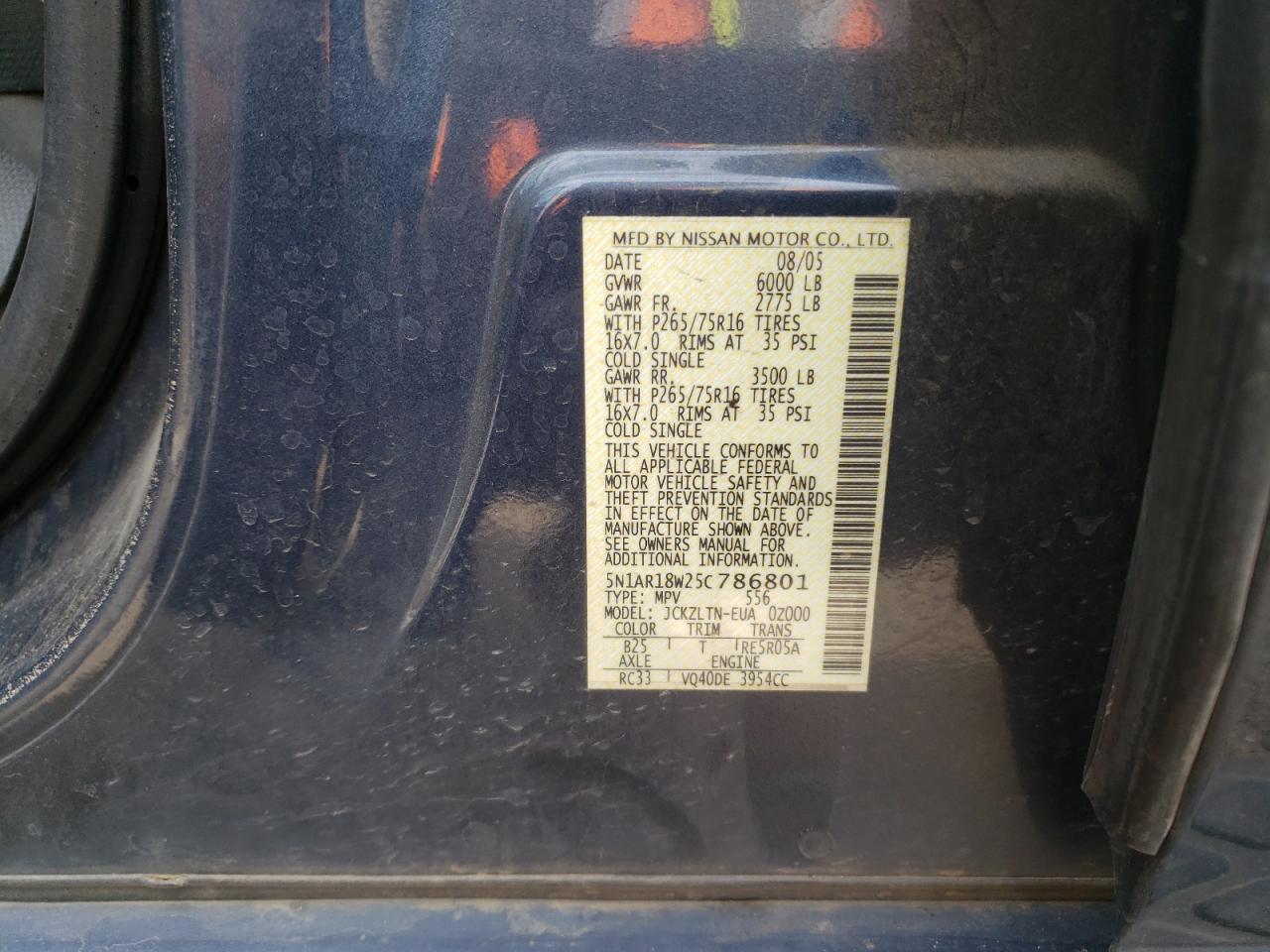 Photo 10 from auction – 2005 NISSAN PATHFINDER with VIN 5N1AR18W25C786801