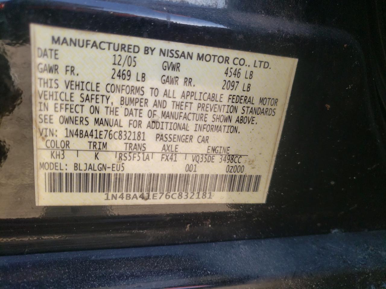 Photo 10 from auction – 2006 NISSAN MAXIMA SE with VIN 1N4BA41E76C832181