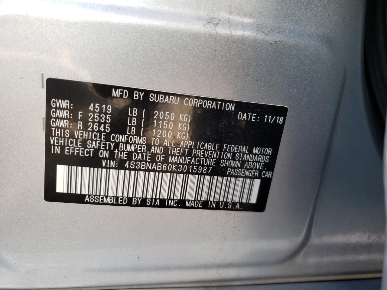 Photo 10 from auction – 2019 SUBARU LEGACY 2.5 with VIN 4S3BNAB60K3015987