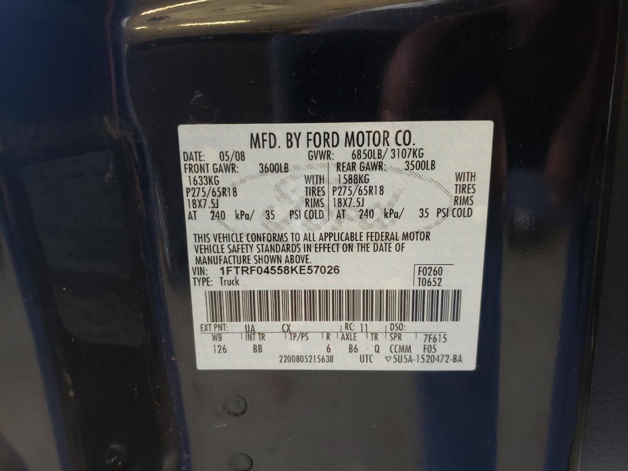 Photo 10 from auction – 2008 FORD F150 with VIN 1FTRF04558KE57026