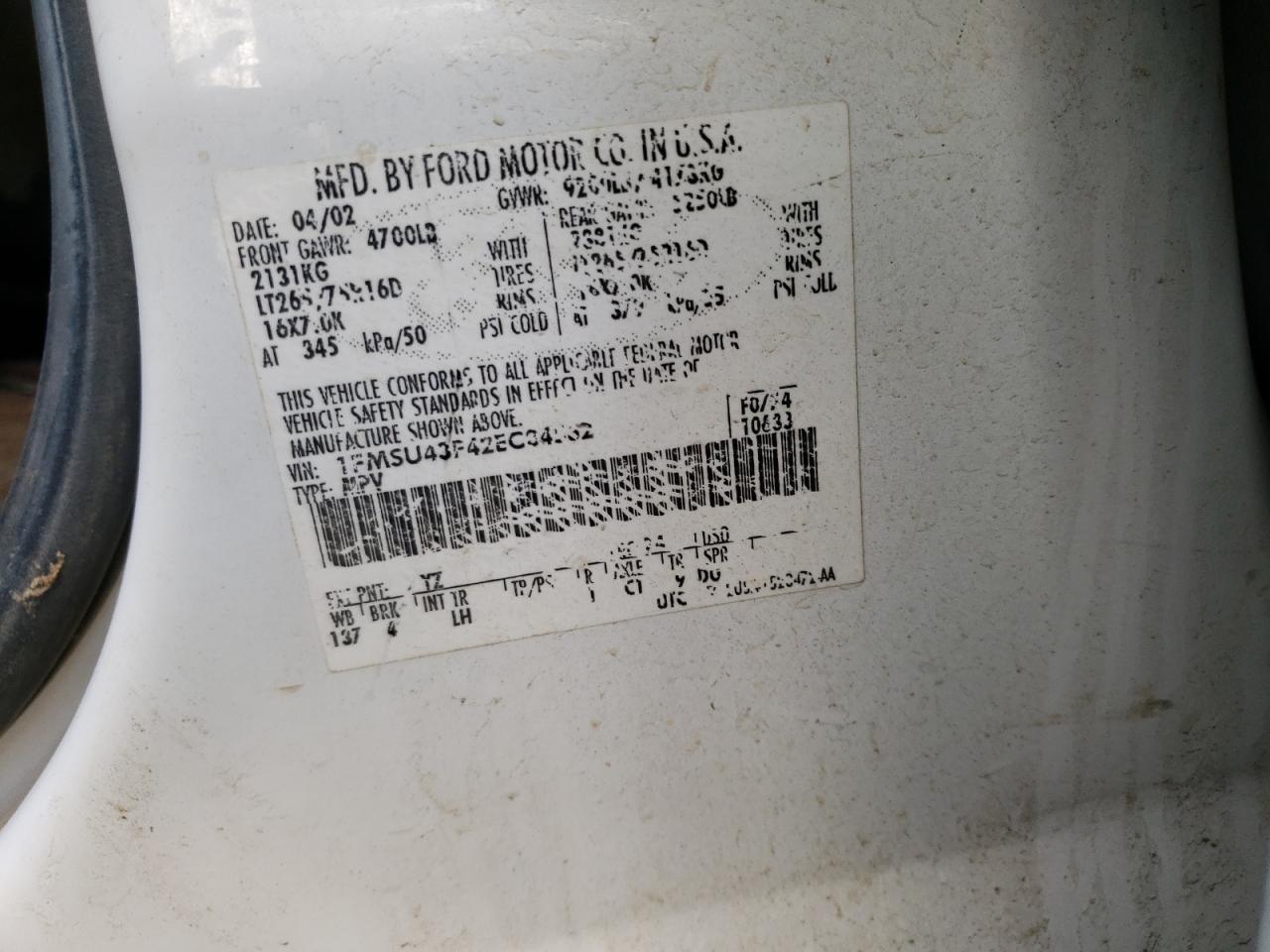 Photo 10 from auction – 2002 FORD EXCURSION with VIN 1FMSU43F42EC84562