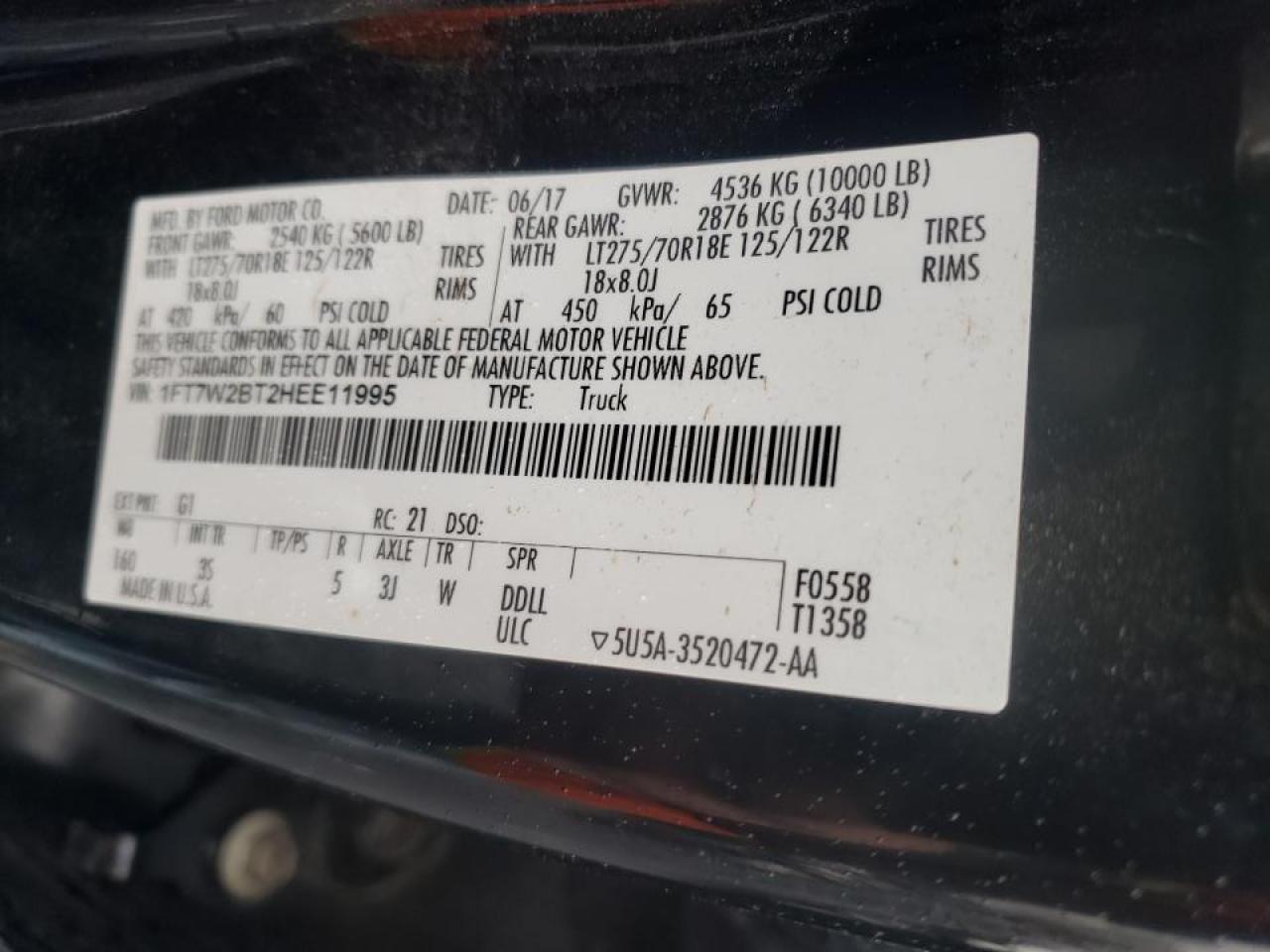 Photo 10 from auction – 2017 FORD F250 SUPER with VIN 1FT7W2BT2HEE11995