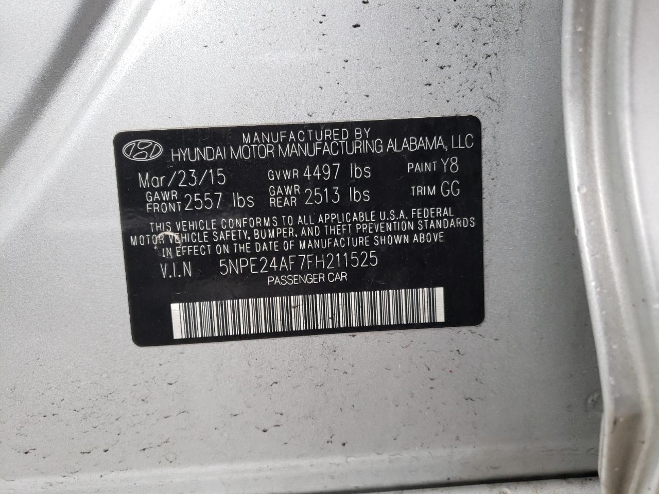 Photo 10 from auction – 2015 HYUNDAI SONATA SE with VIN 5NPE24AF7FH211525