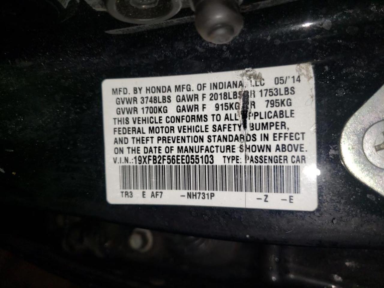 Photo 10 from auction – 2014 HONDA CIVIC LX with VIN 19XFB2F56EE055103