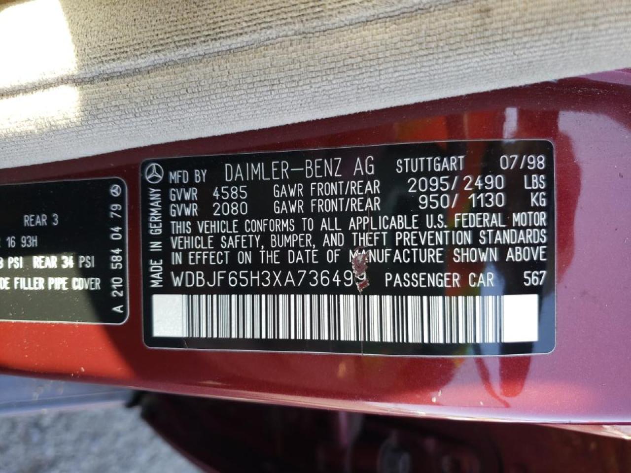 Photo 10 from auction – 1999 MERCEDES-BENZ E 320 with VIN WDBJF65H3XA736499
