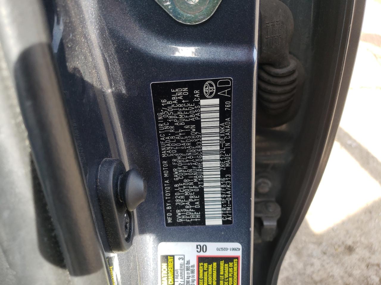 Photo 10 from auction – 2016 TOYOTA COROLLA L with VIN 2T1BURHE0GC683397